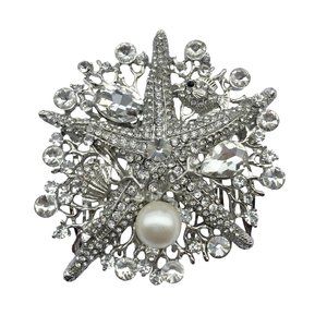 Silvertone Rhinestone Starfish Hair Comb